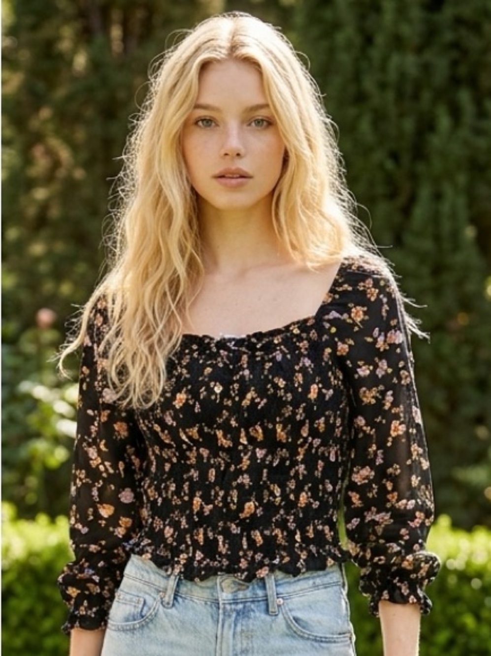 Jolt Black Floral Smocked Square Neck Puff 3/4 Sleeve Rayon Blouse S